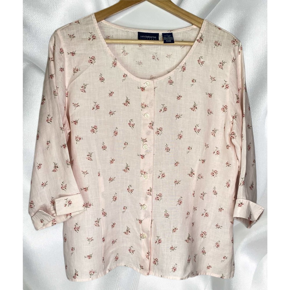 Ditsy Foral Cottagecore 100% Linen 3/4 Sleeve Top Size Large